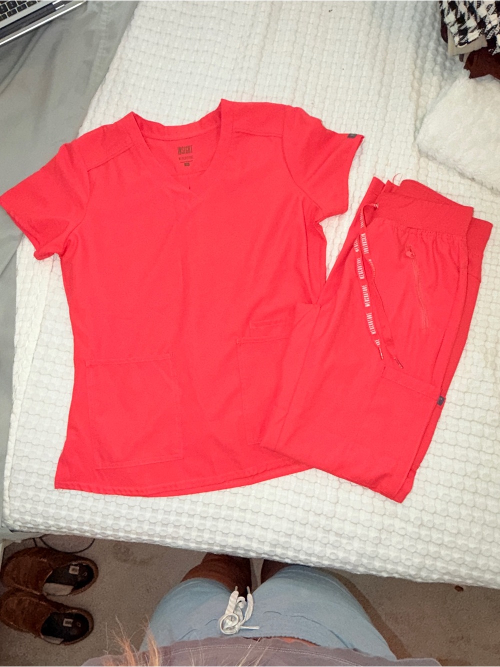 Med Couture Women's Coral-Red Scrub Set - V-Neck Top & Drawstring Pants